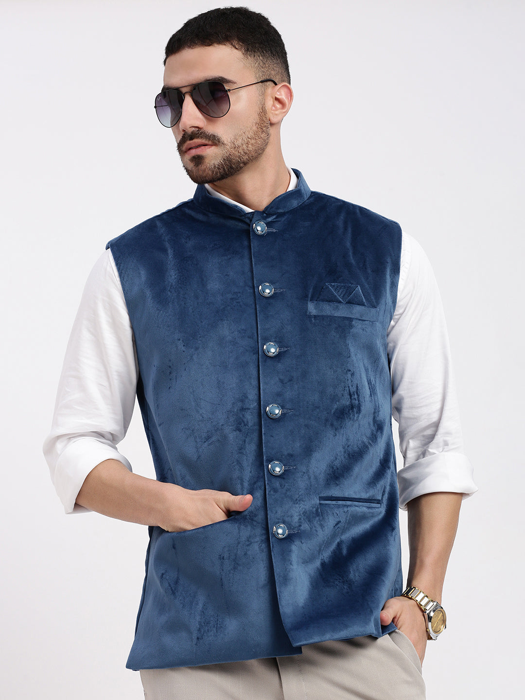 Men Solid Navy Blue Nehru Jacket