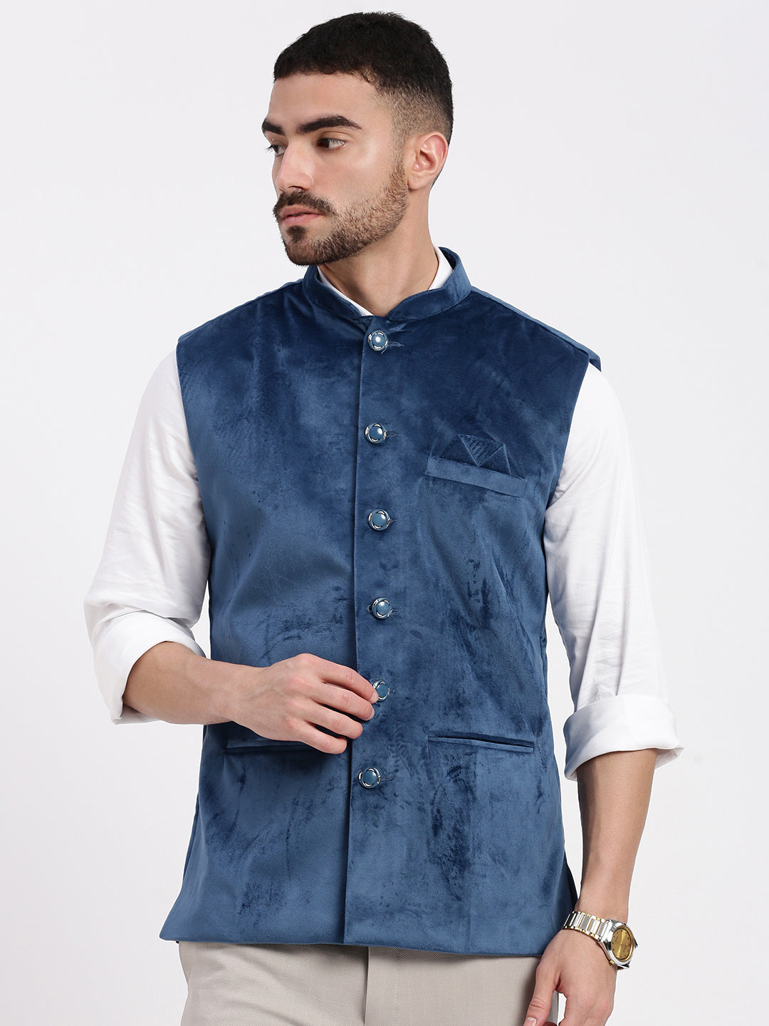 Men Solid Navy Blue Nehru Jacket