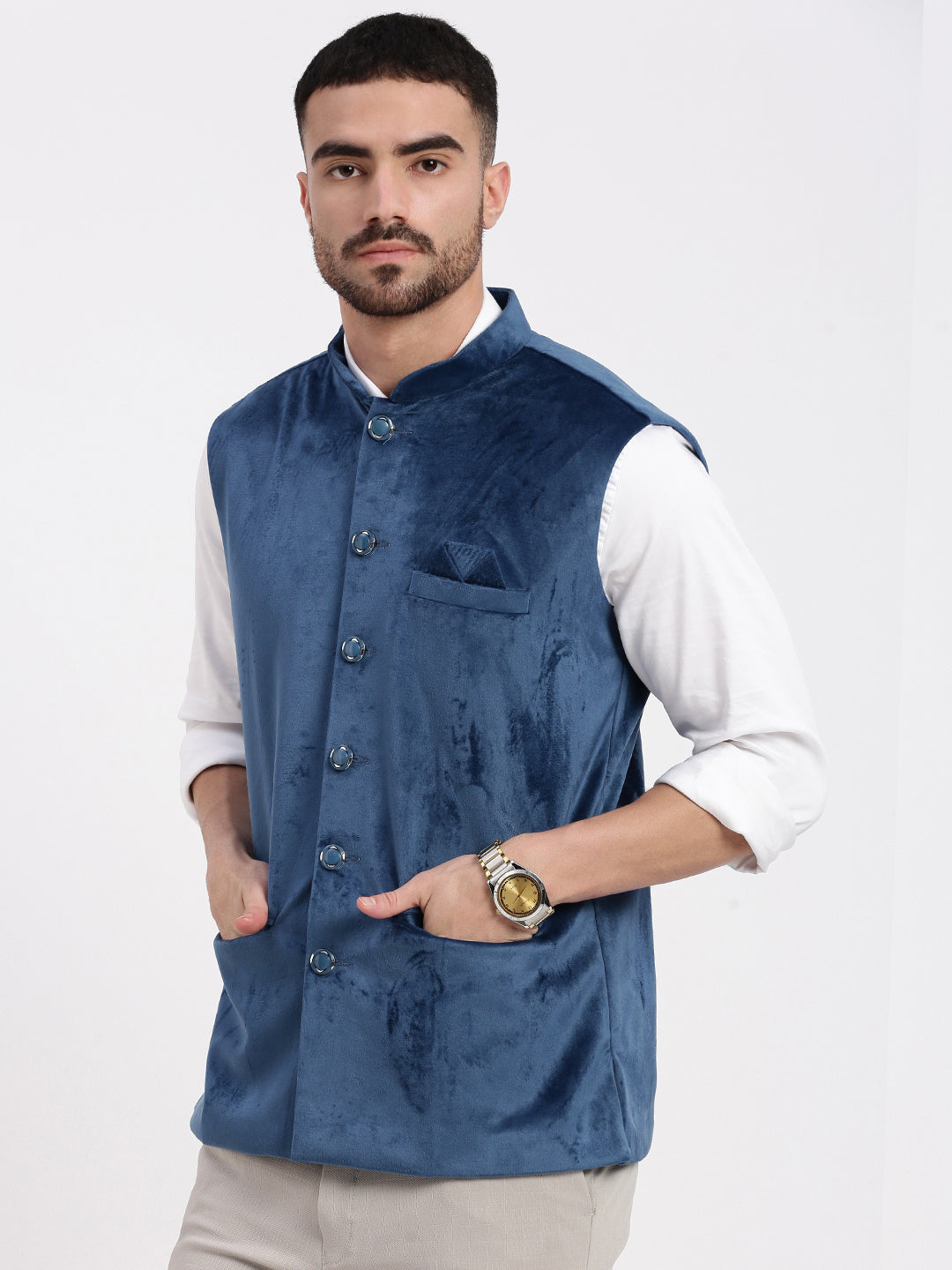 Men Solid Navy Blue Nehru Jacket