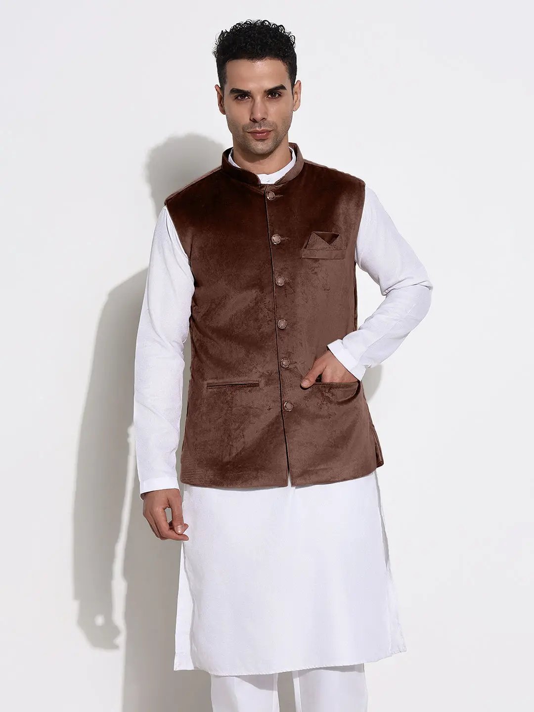 Men's Velvet Solid Brown Slim Fit Nehru Jacket