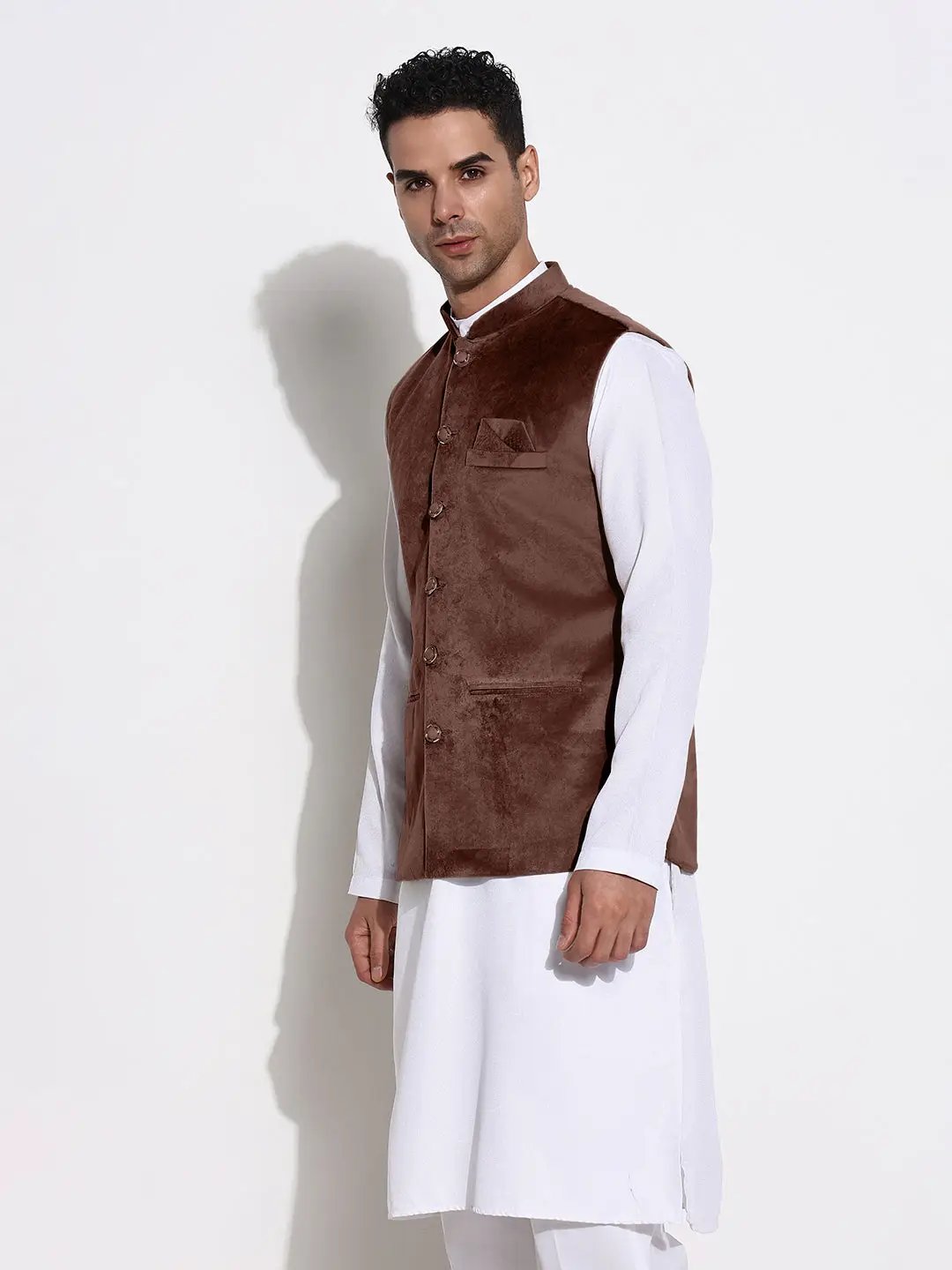 Men's Velvet Solid Brown Slim Fit Nehru Jacket