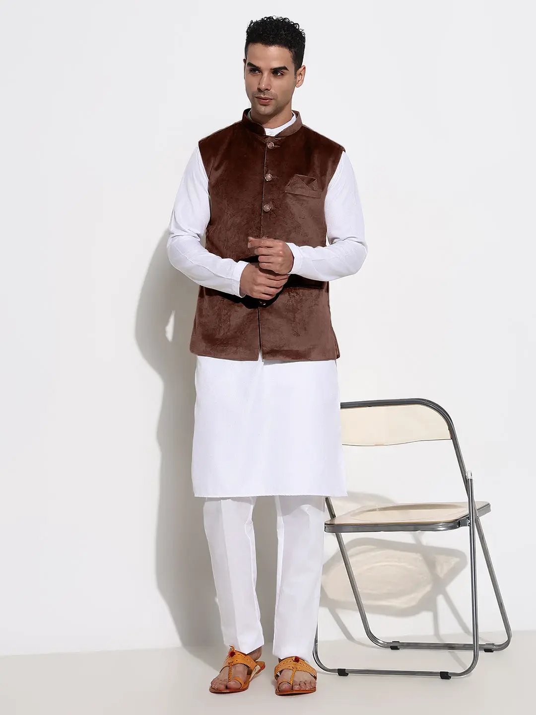 Men's Velvet Solid Brown Slim Fit Nehru Jacket
