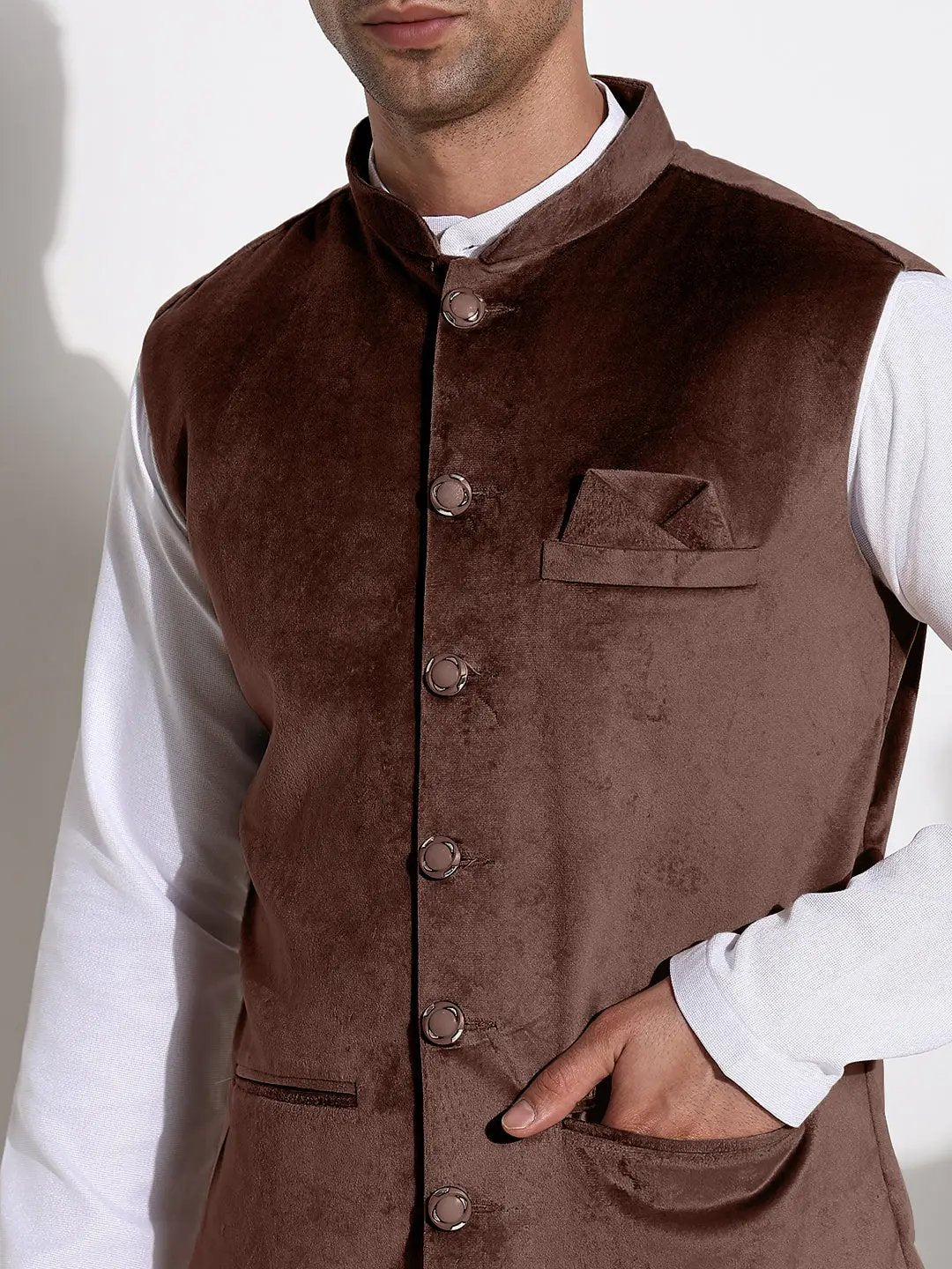 Men's Velvet Solid Brown Slim Fit Nehru Jacket