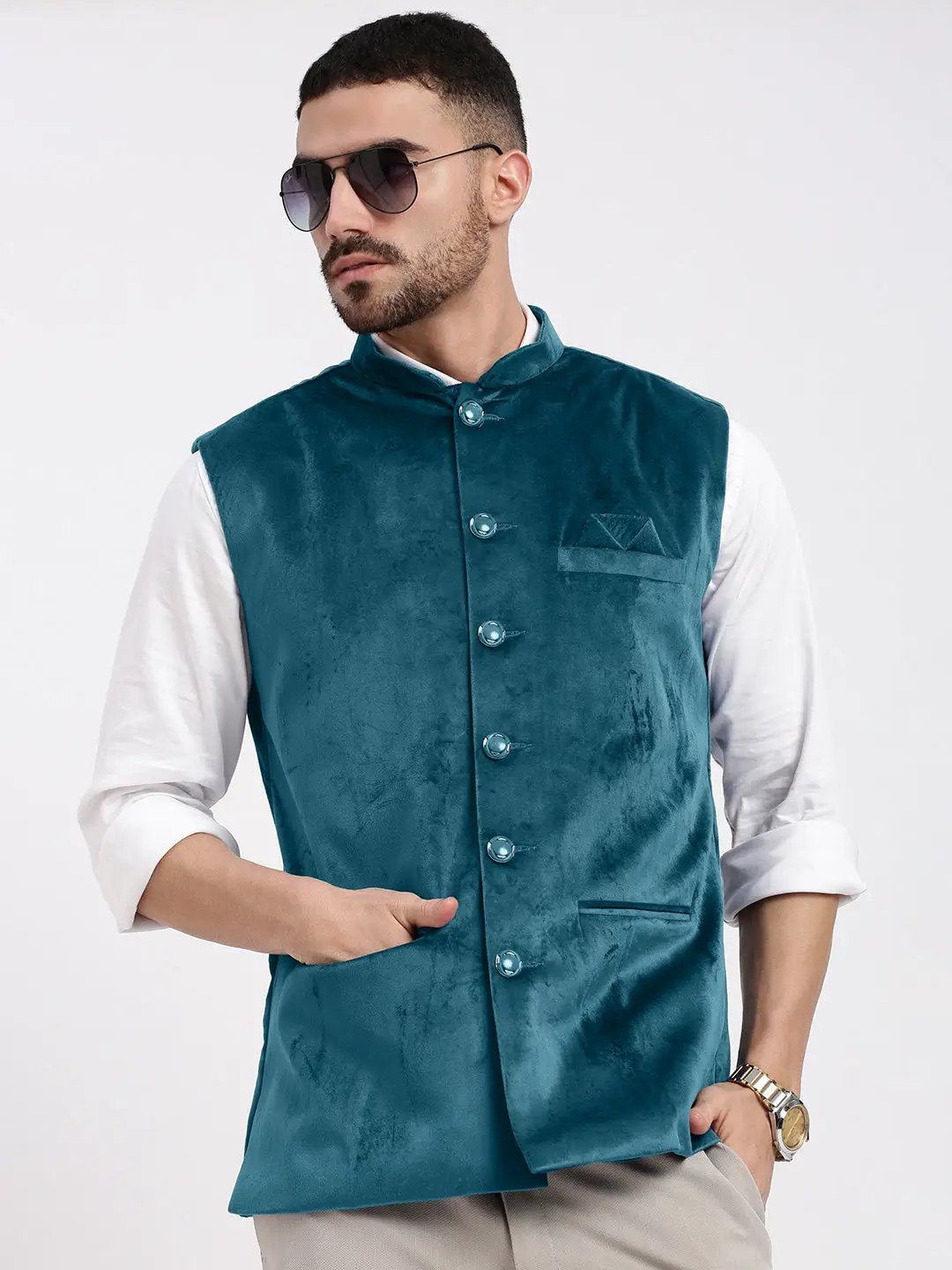 Men's Velvet Solid Teal Slim Fit Nehru Jacket