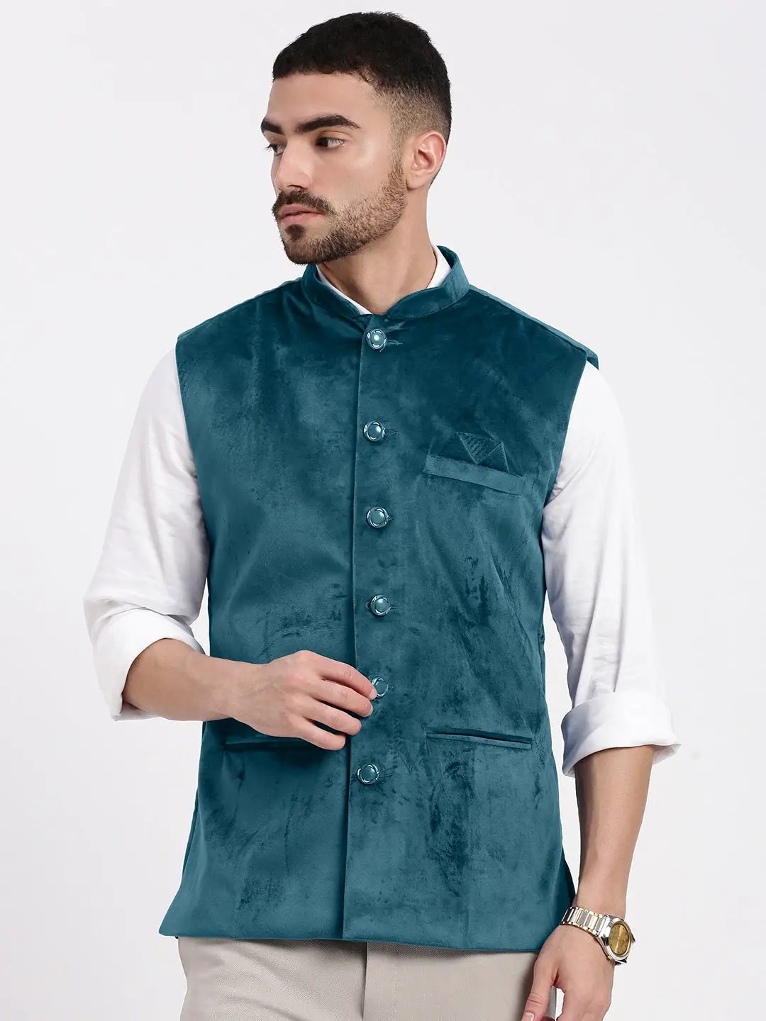 Men's Velvet Solid Teal Slim Fit Nehru Jacket