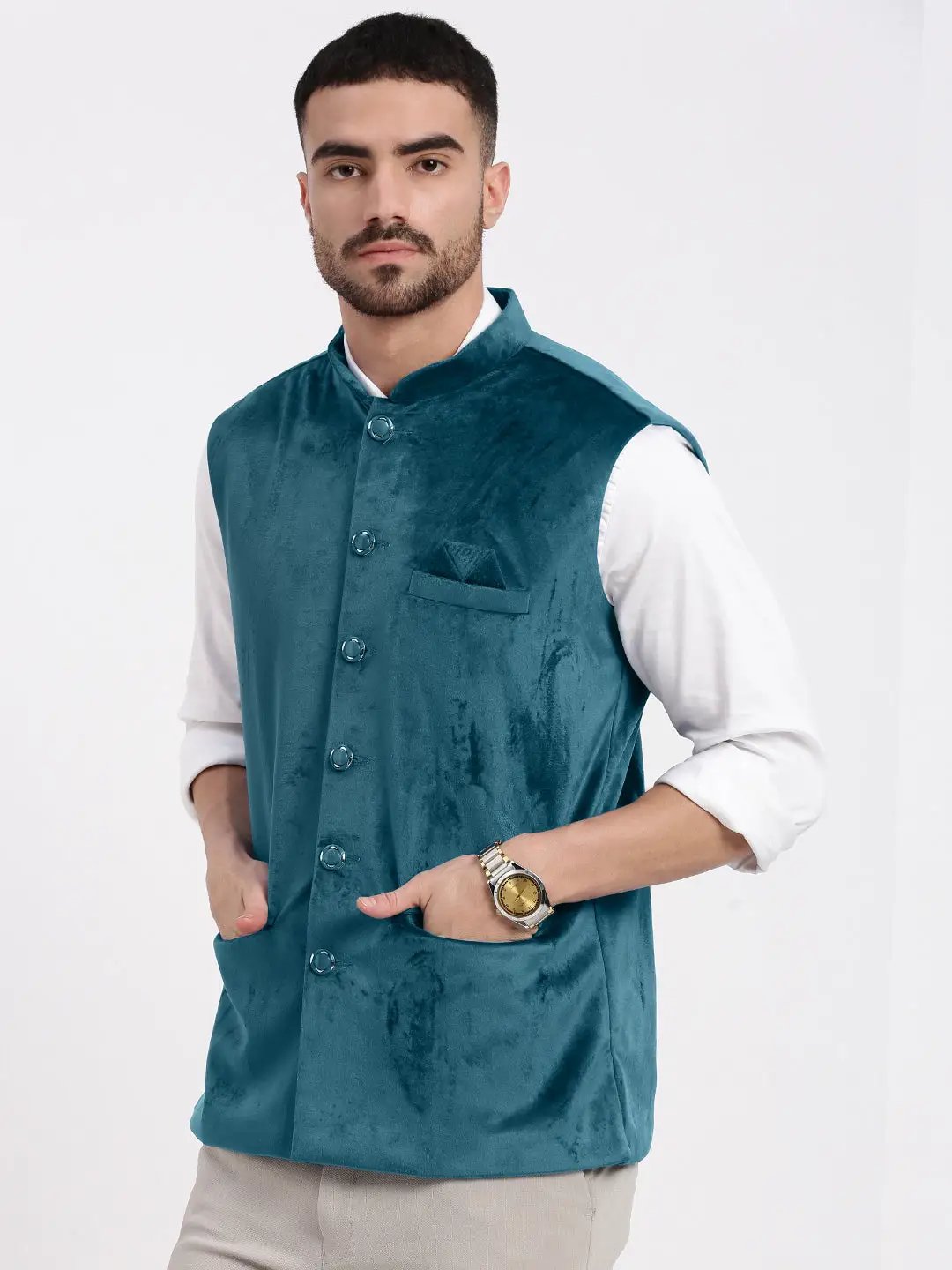 Men's Velvet Solid Teal Slim Fit Nehru Jacket