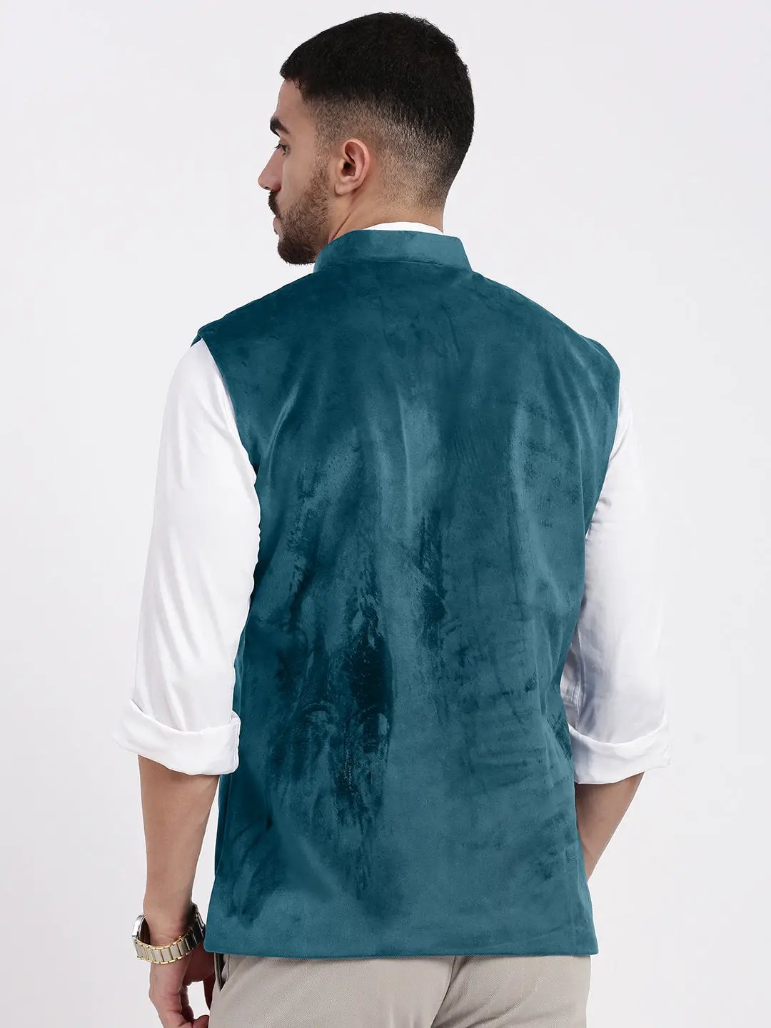 Men's Velvet Solid Teal Slim Fit Nehru Jacket