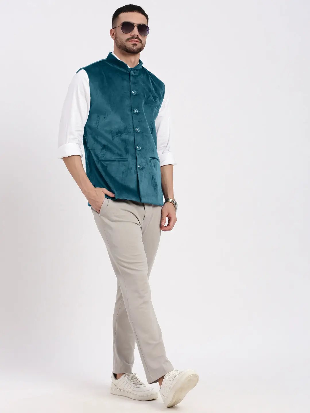 Men's Velvet Solid Teal Slim Fit Nehru Jacket