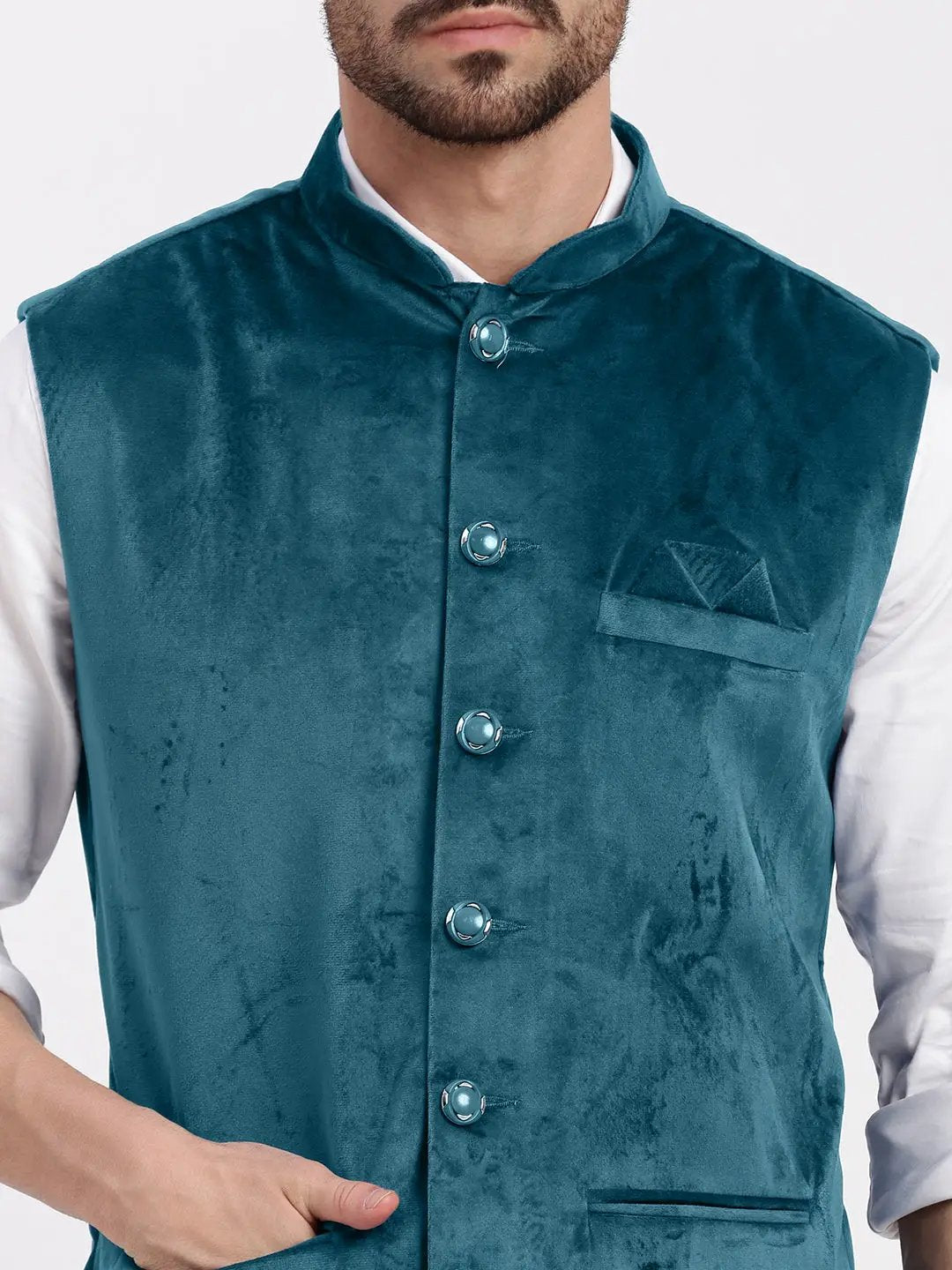 Men's Velvet Solid Teal Slim Fit Nehru Jacket