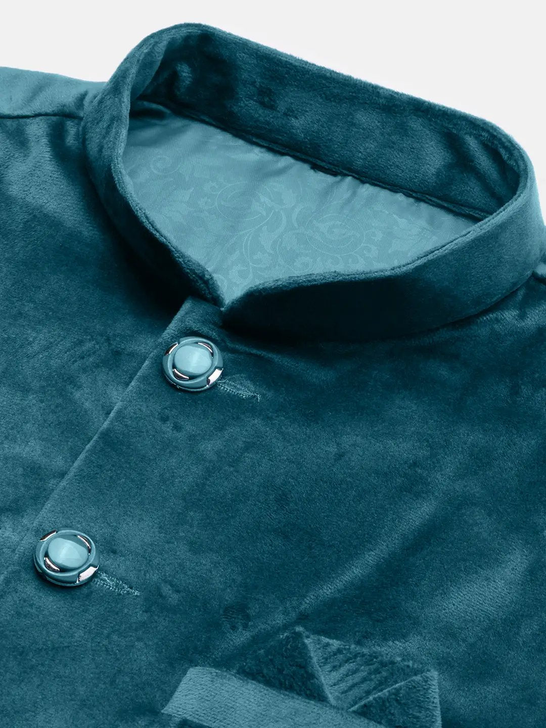 Men's Velvet Solid Teal Slim Fit Nehru Jacket