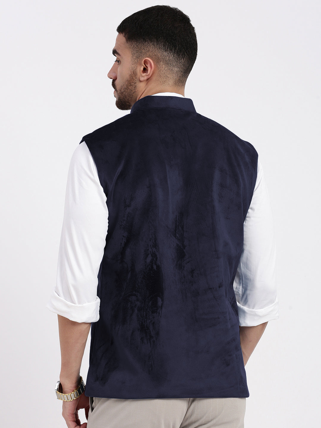 Men's Navy Blue Slim Fit Velvet Nehru Jacket