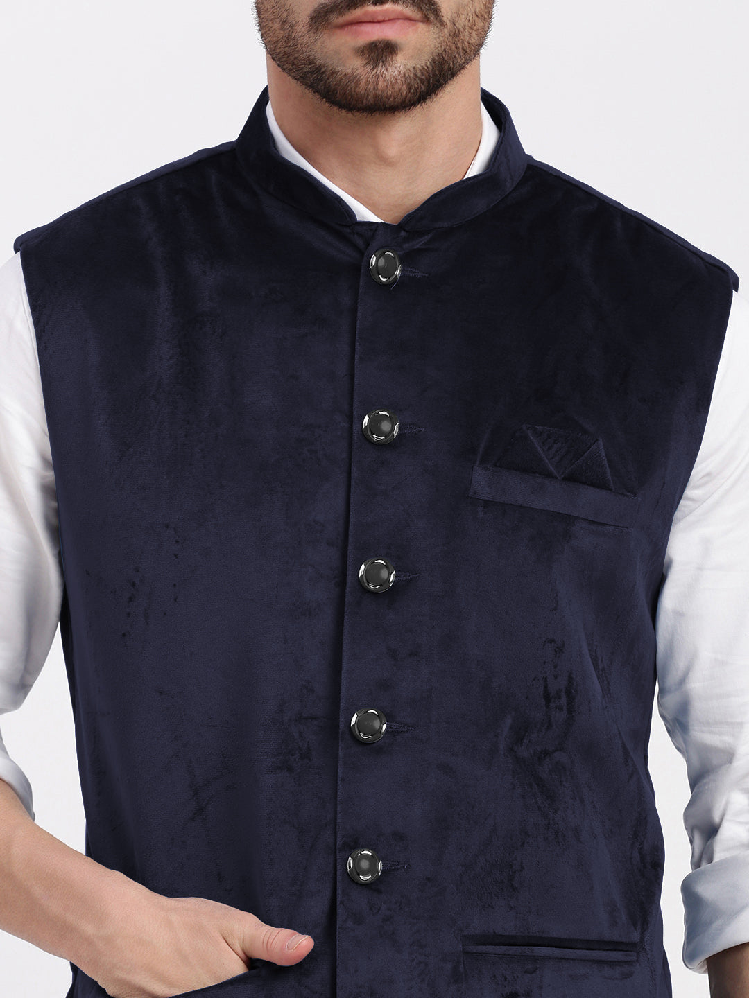 Men's Navy Blue Slim Fit Velvet Nehru Jacket