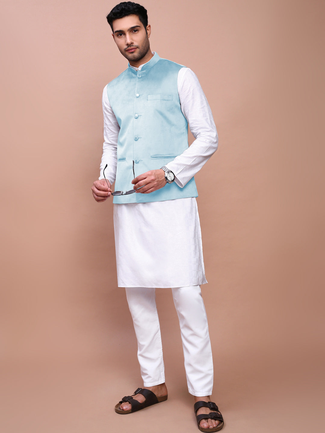 Men's Blue Slim Fit Velvet Nehru Jacket