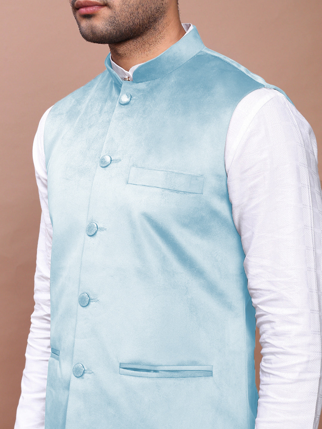 Men's Blue Slim Fit Velvet Nehru Jacket