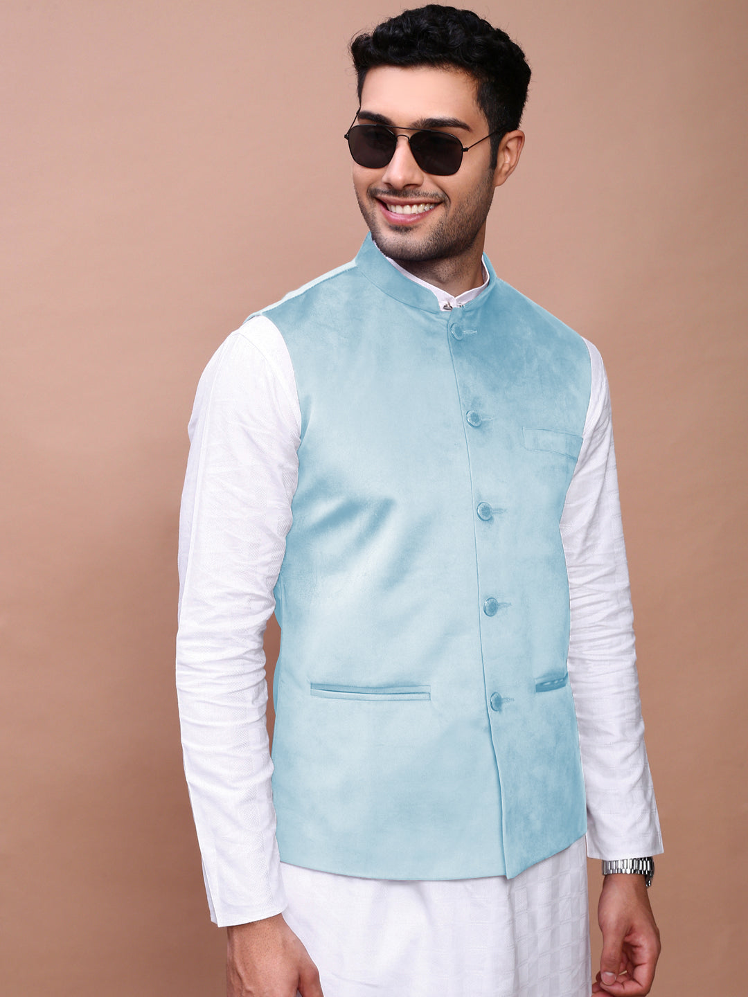 Men's Blue Slim Fit Velvet Nehru Jacket