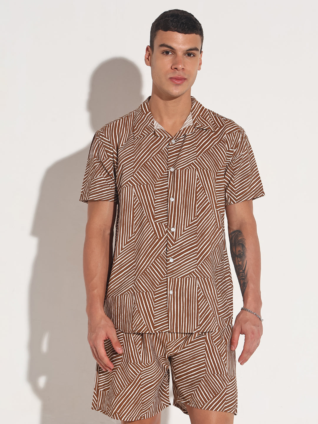 Men's Abstract Brown Striped Print Slim Fit Co-ords