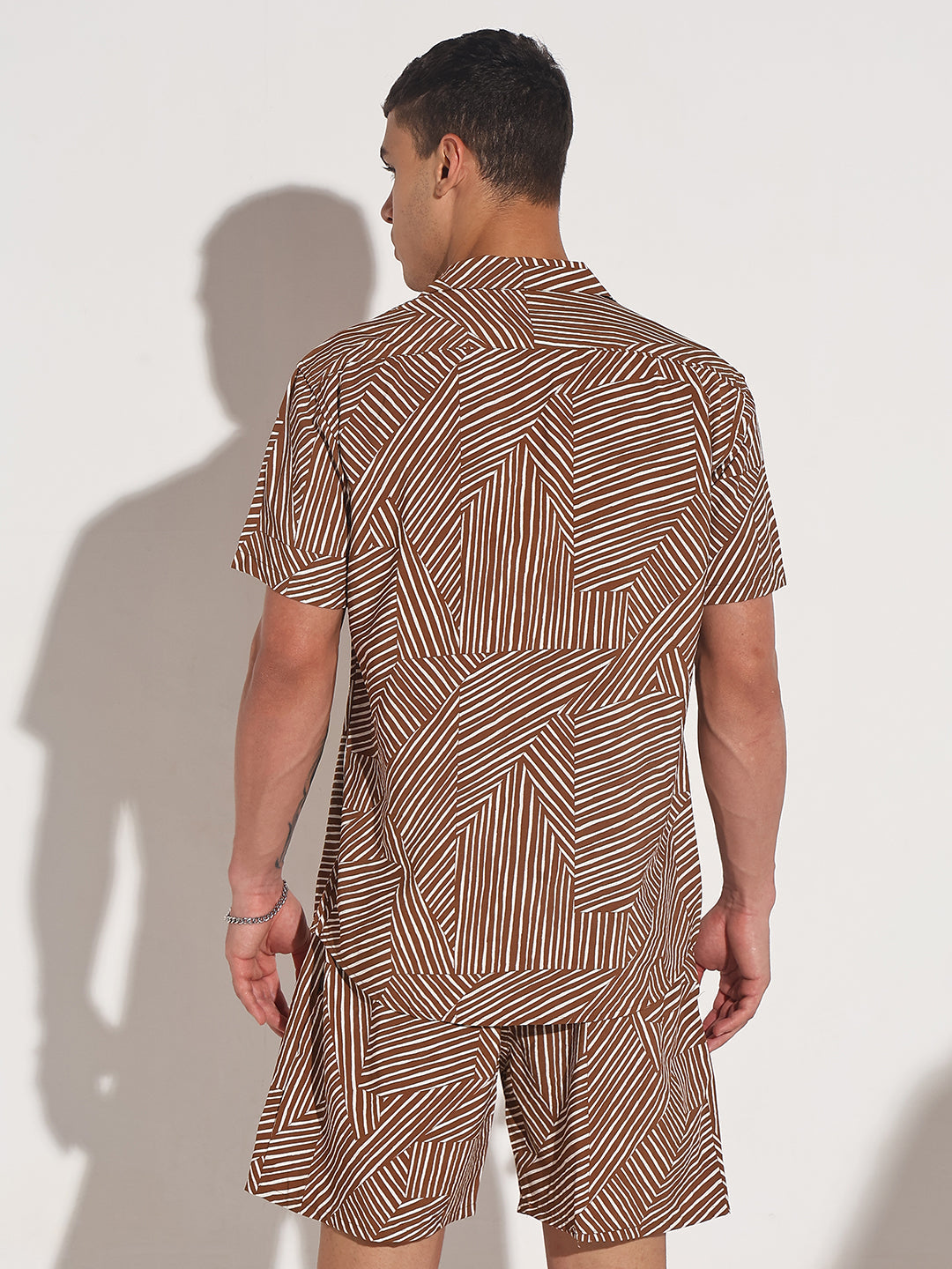 Men's Abstract Brown Striped Print Slim Fit Co-ords