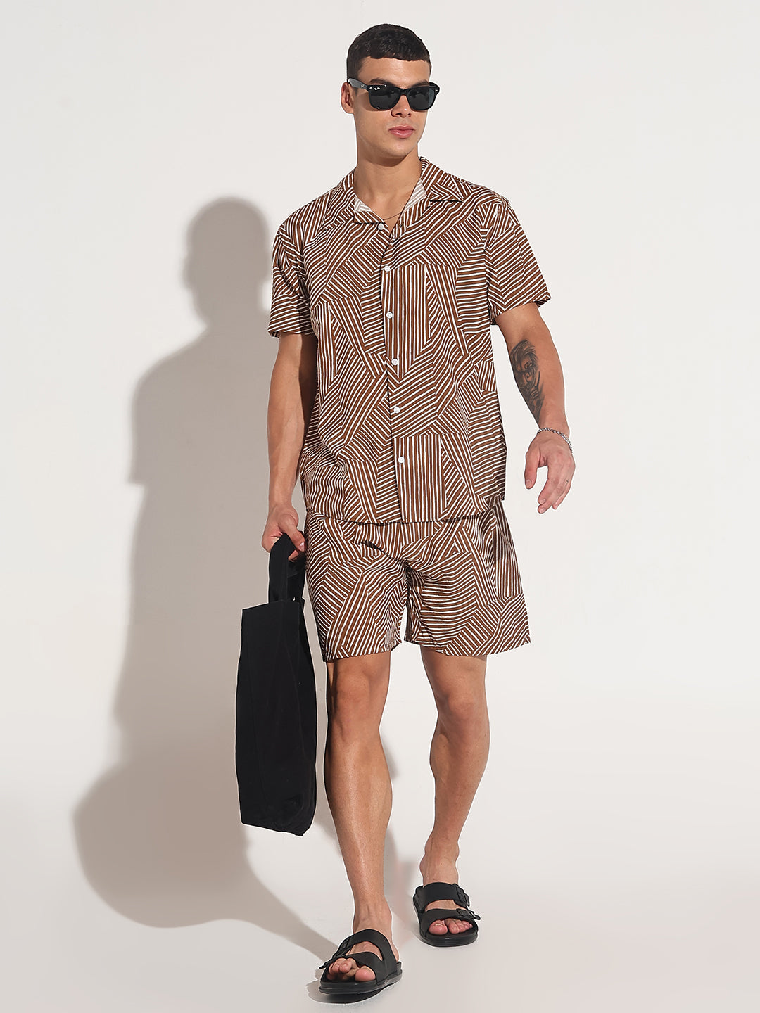 Men's Abstract Brown Striped Print Slim Fit Co-ords