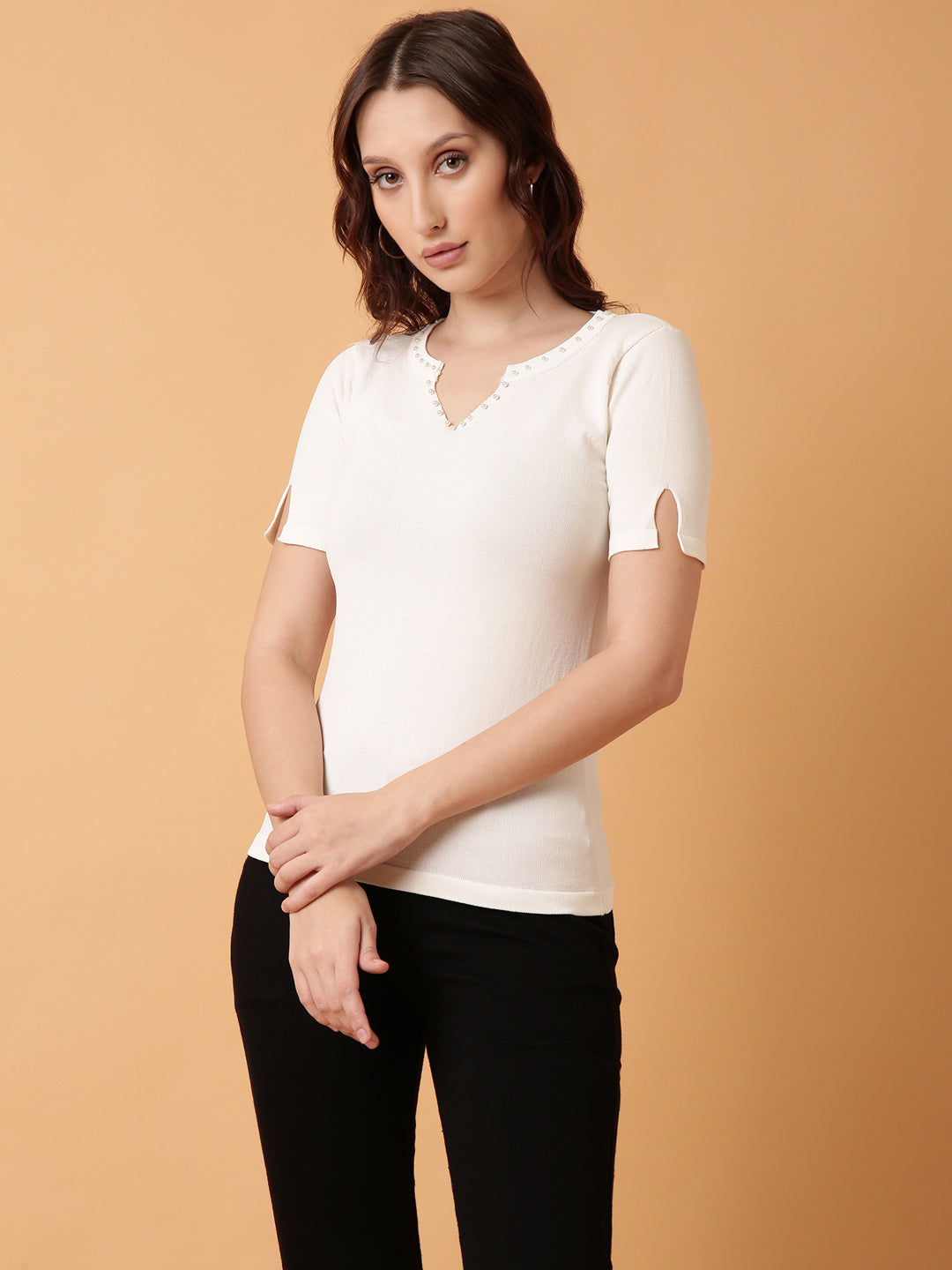 Women Off White Solid Fitted Top