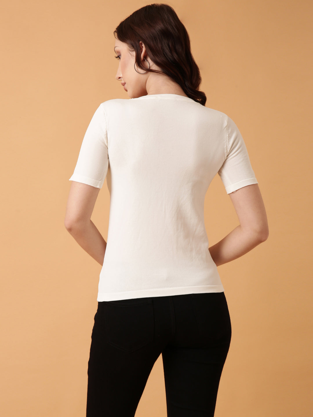 Women Off White Solid Fitted Top