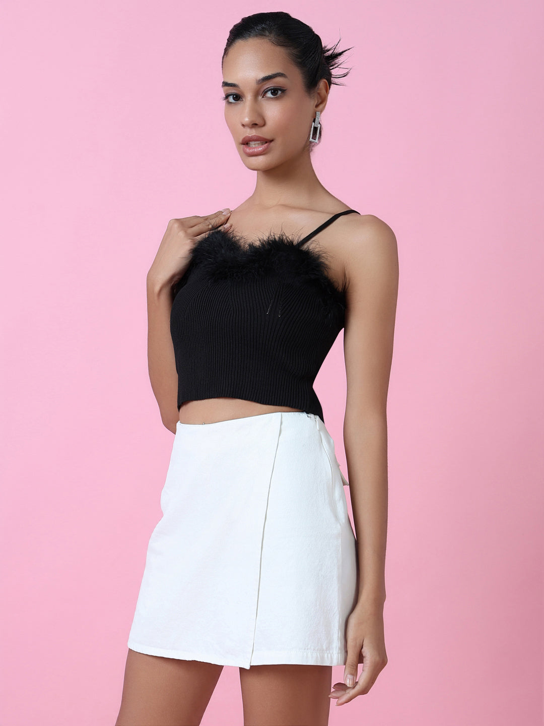 Women Black Solid Fitted Crop Top