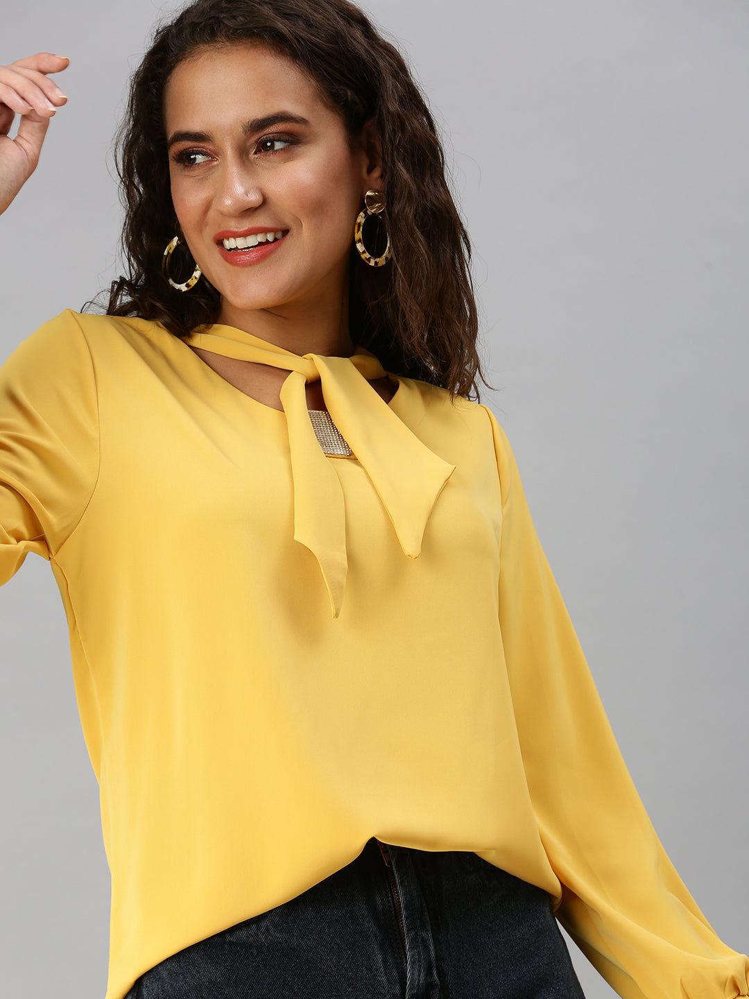 Women Tie-Up Neck Solid Mustard Top