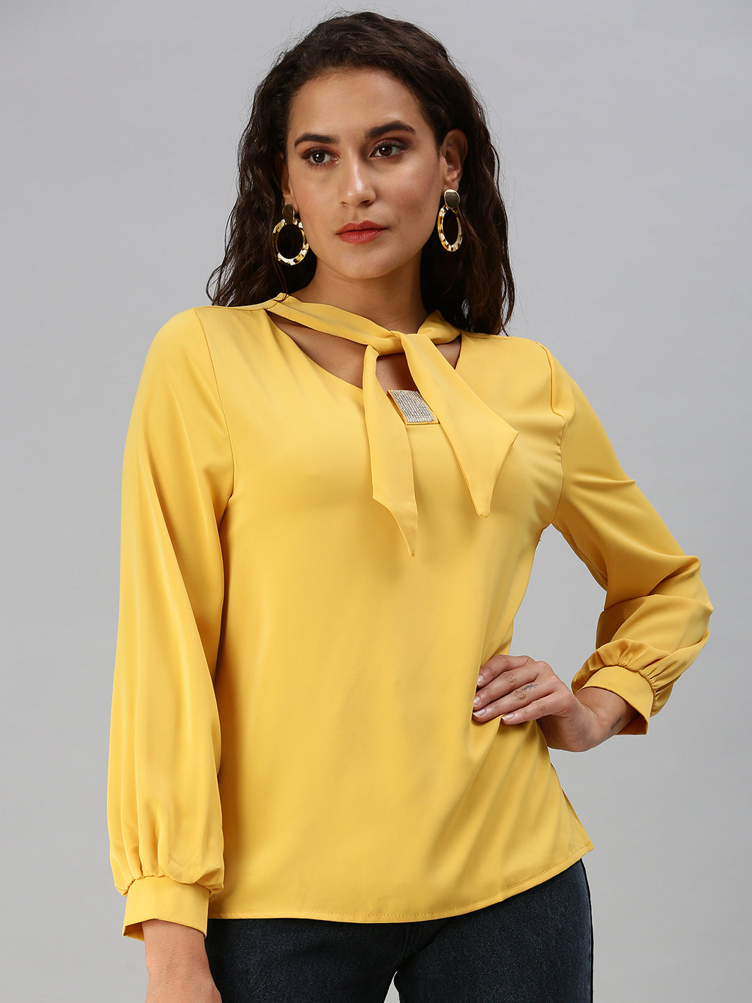 Women Tie-Up Neck Solid Mustard Top