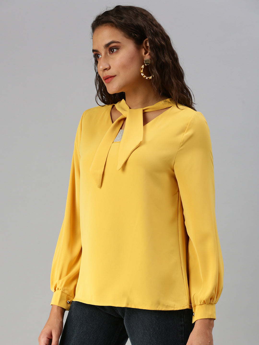 Women Tie-Up Neck Solid Mustard Top