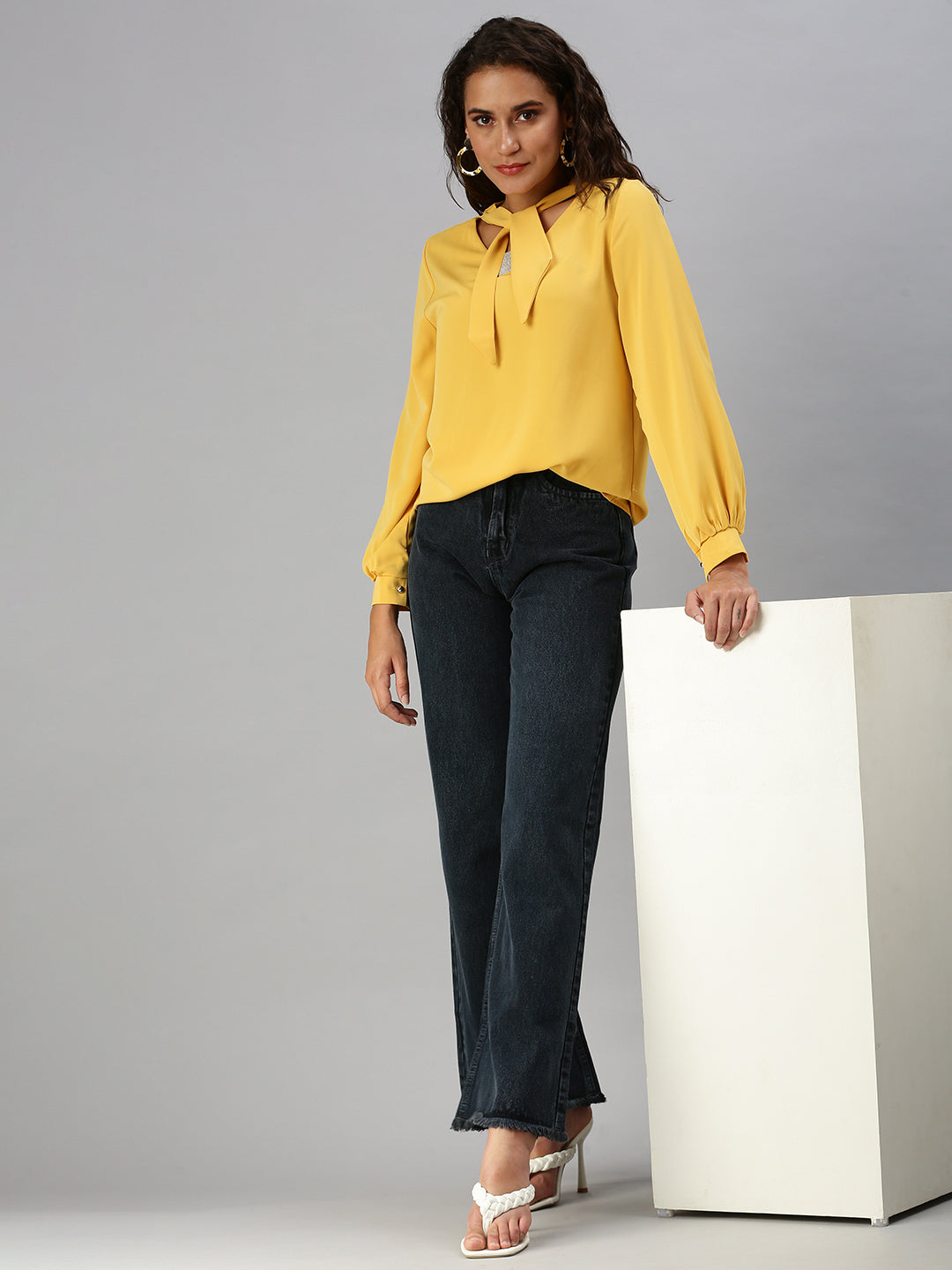 Women Tie-Up Neck Solid Mustard Top