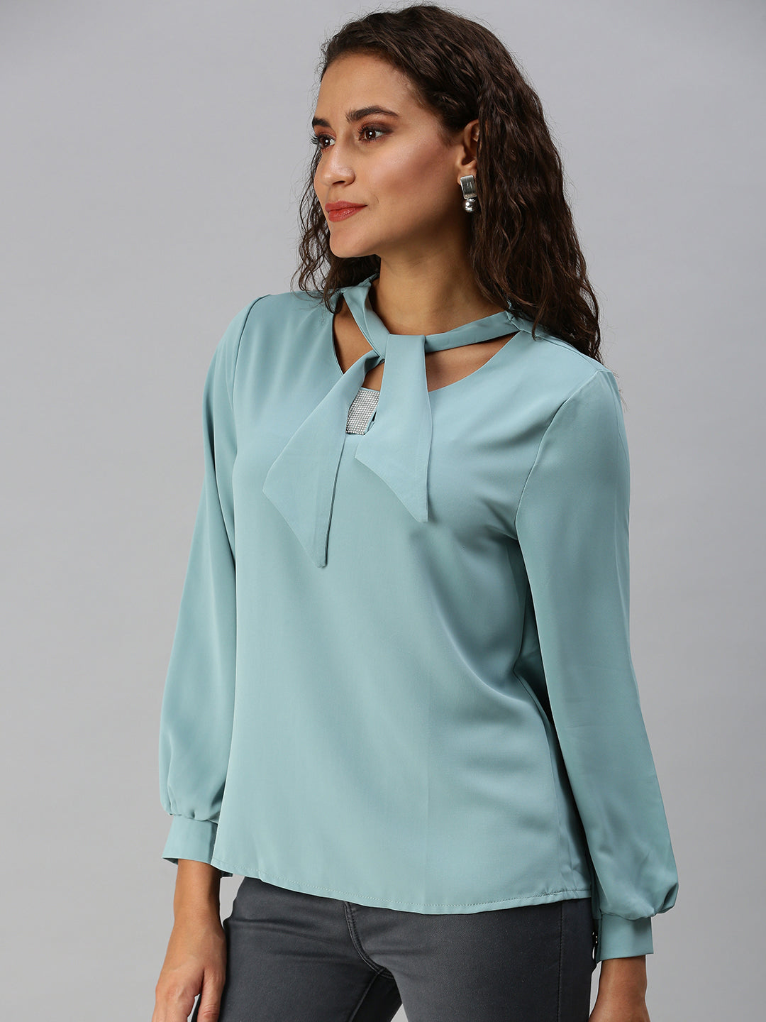 Women Tie-Up Neck Solid Turquoise Blue Top