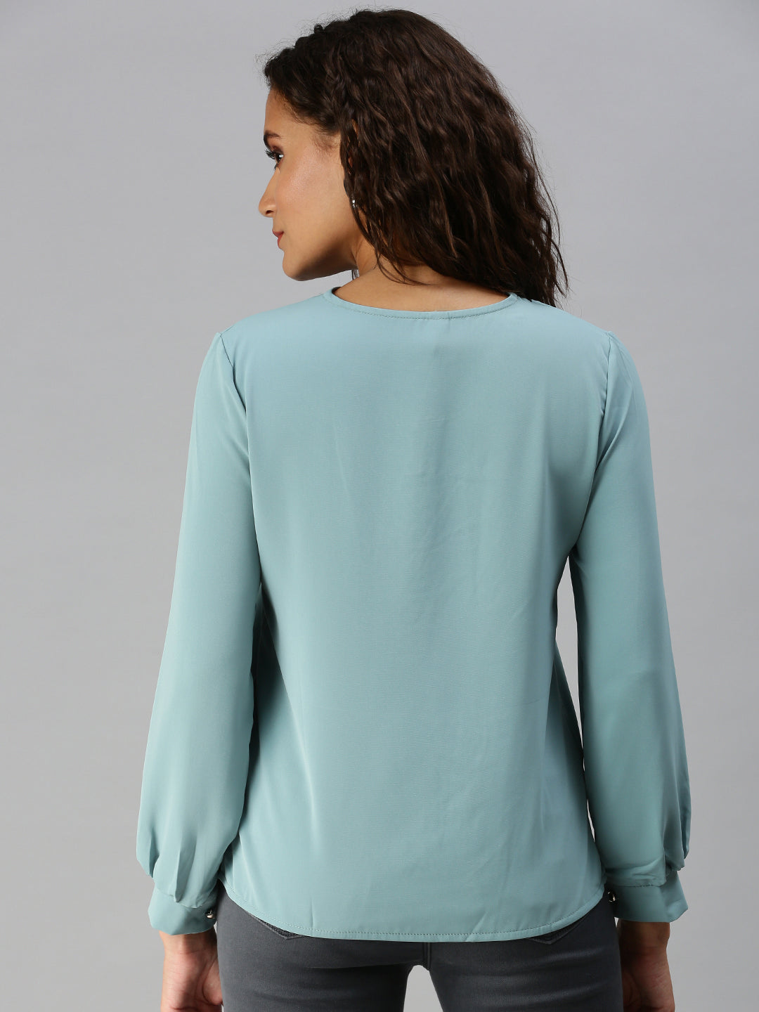 Women Tie-Up Neck Solid Turquoise Blue Top