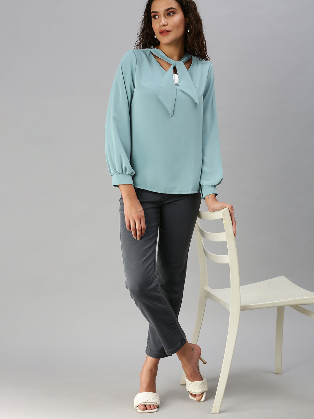 Women Tie-Up Neck Solid Turquoise Blue Top