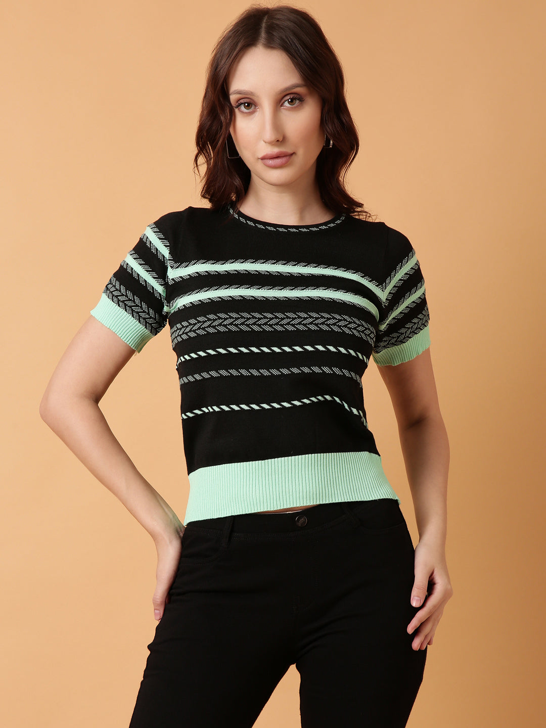 Women Green Striped Top