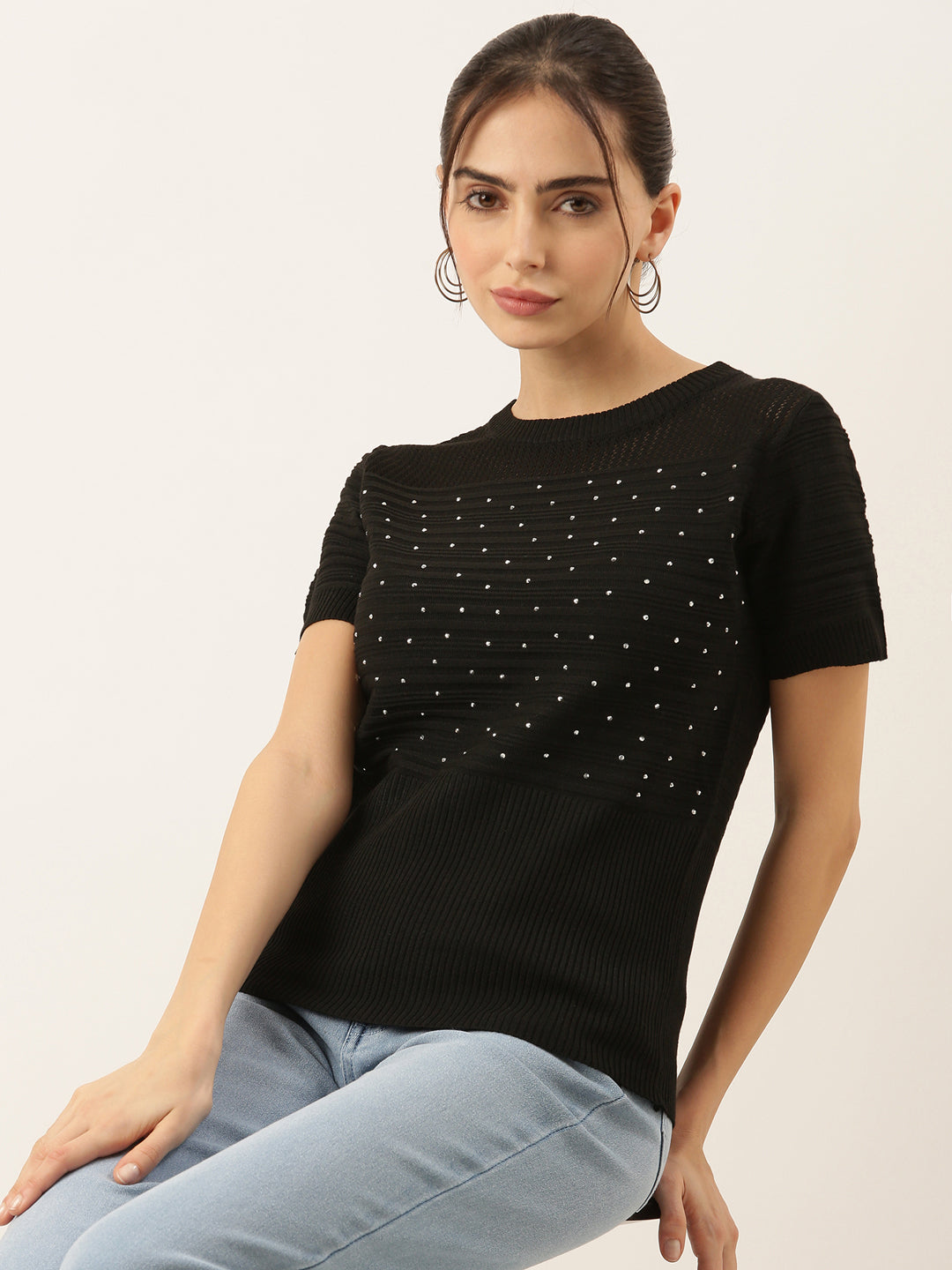 Women's Black Solid Crochet Top