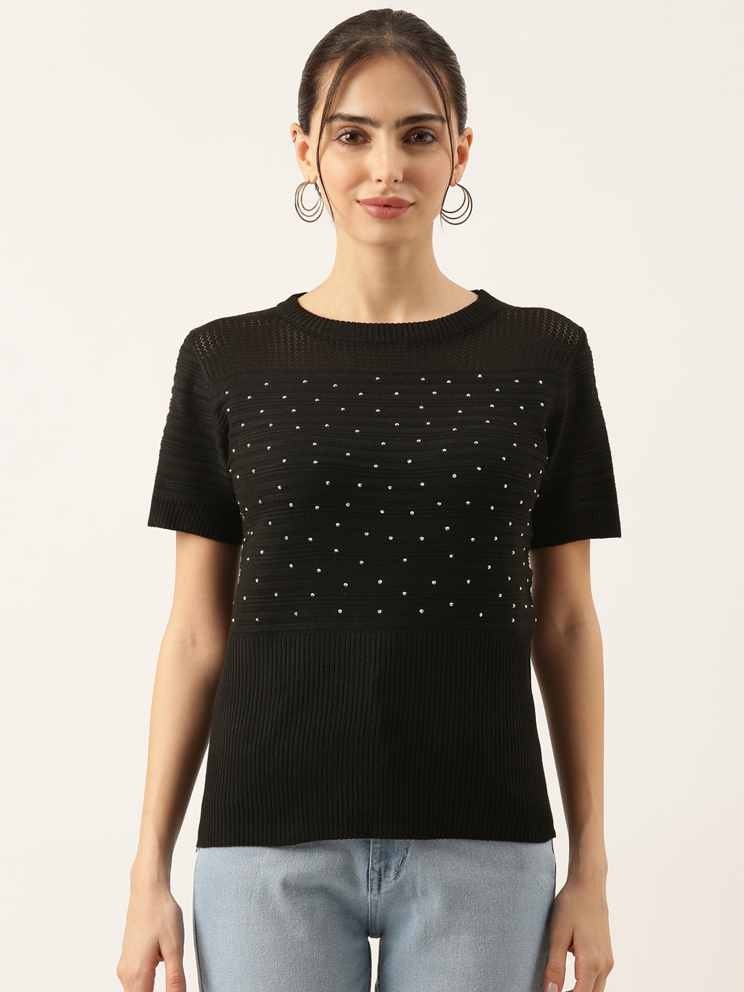 Women's Black Solid Crochet Top
