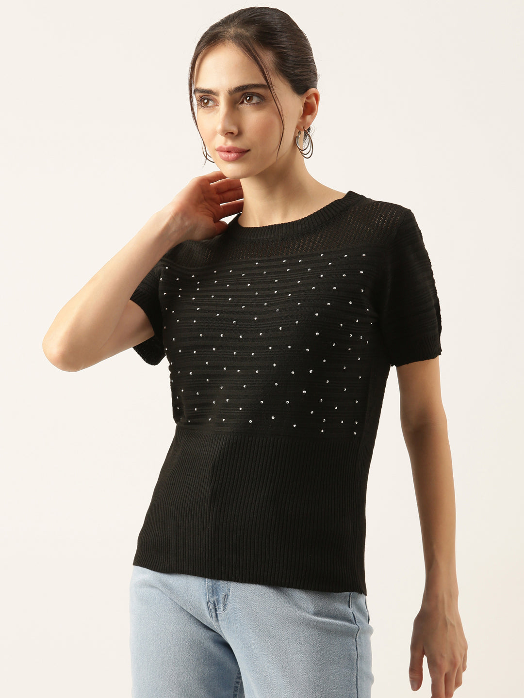 Women's Black Solid Crochet Top