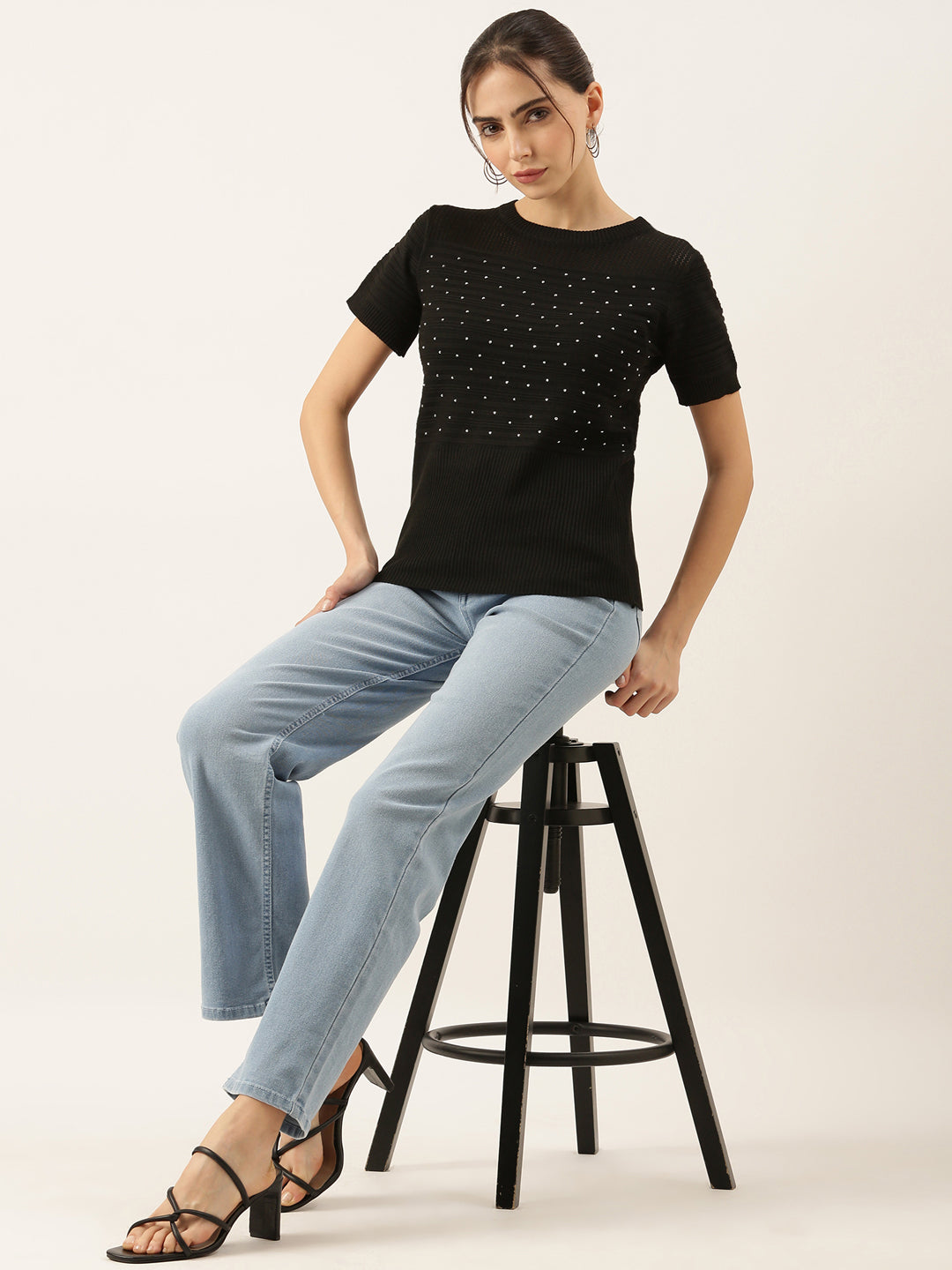 Women's Black Solid Crochet Top