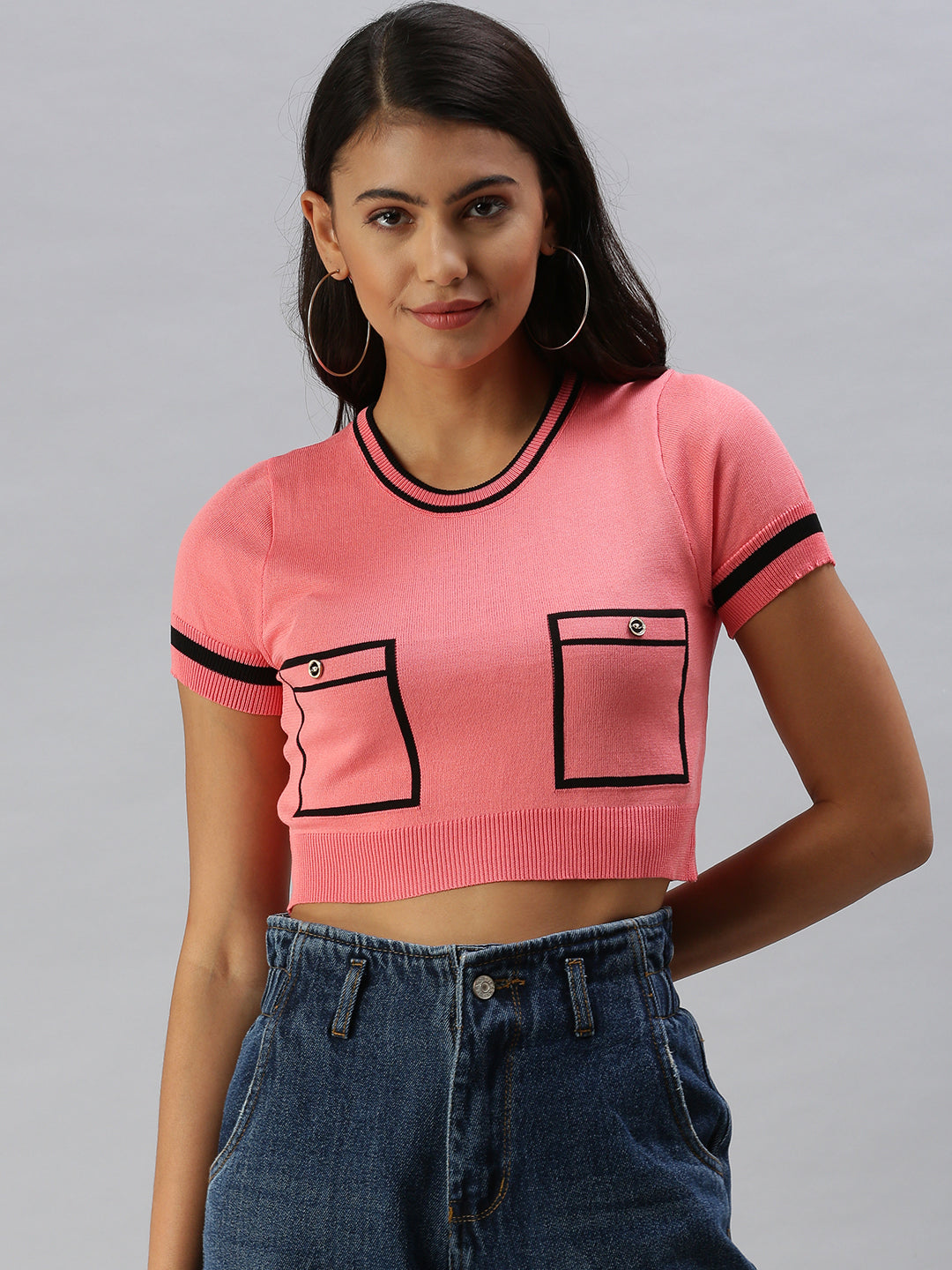 Women Solid Pink Fitted Top