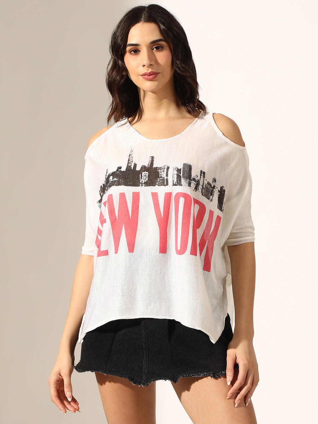Women's Graphic White Cold-Shoulder Loose Fit Top
