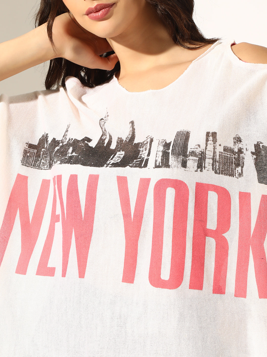 Women's Graphic White Cold-Shoulder Loose Fit Top