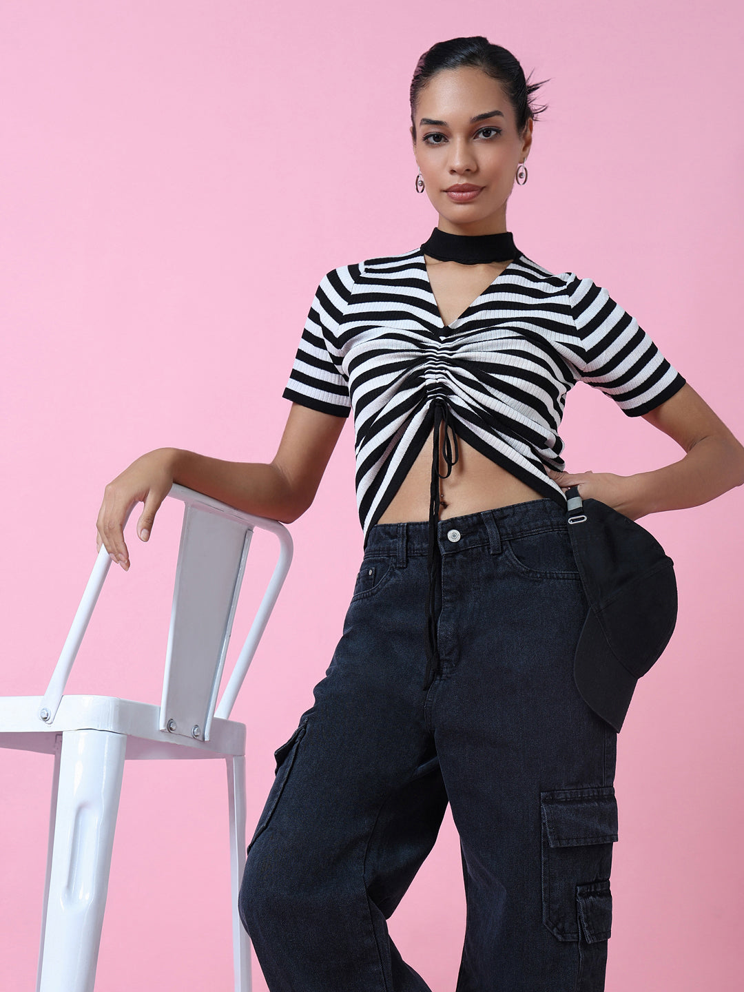 Women Black Striped Ruched Top