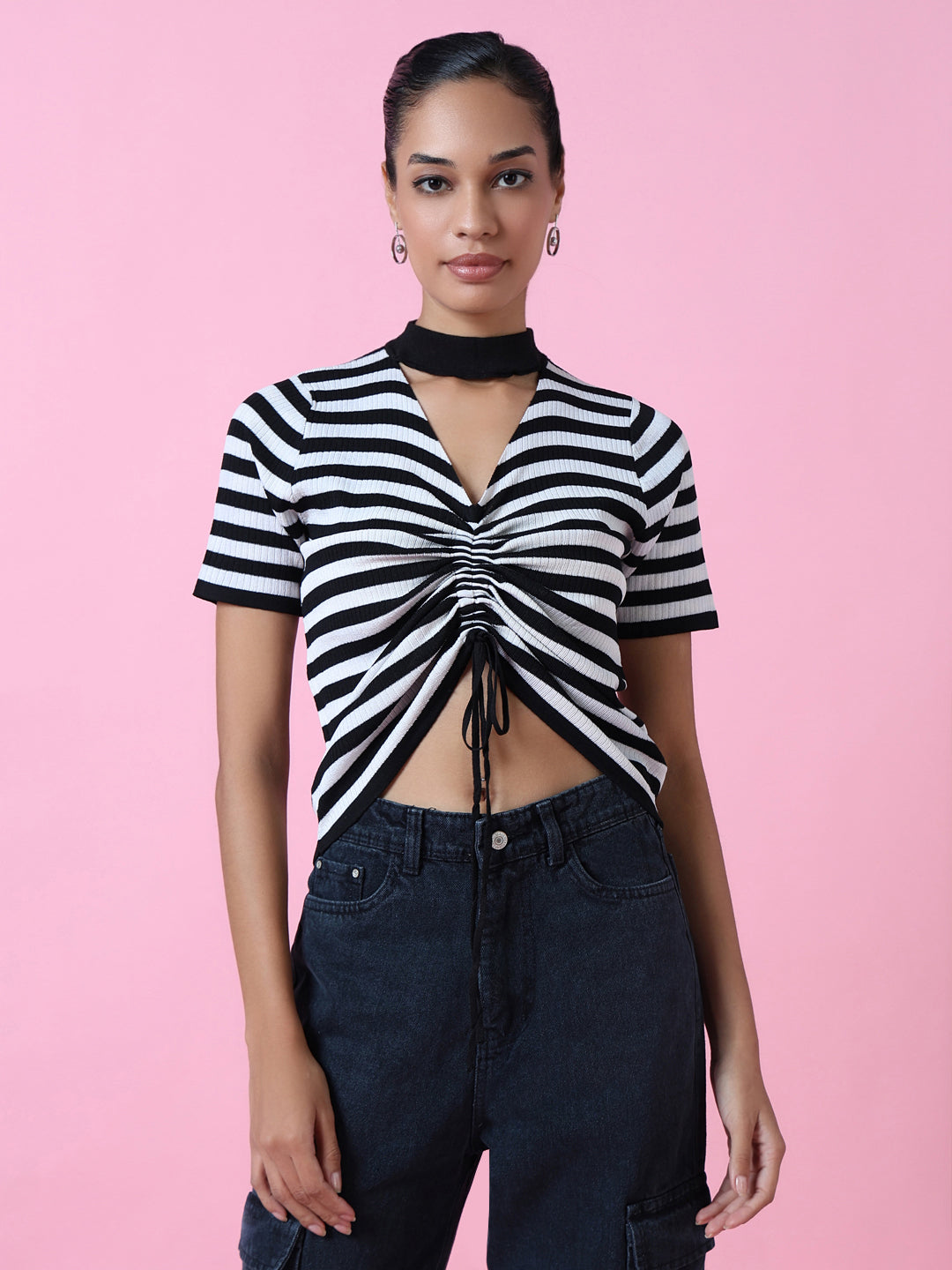 Women Black Striped Ruched Top