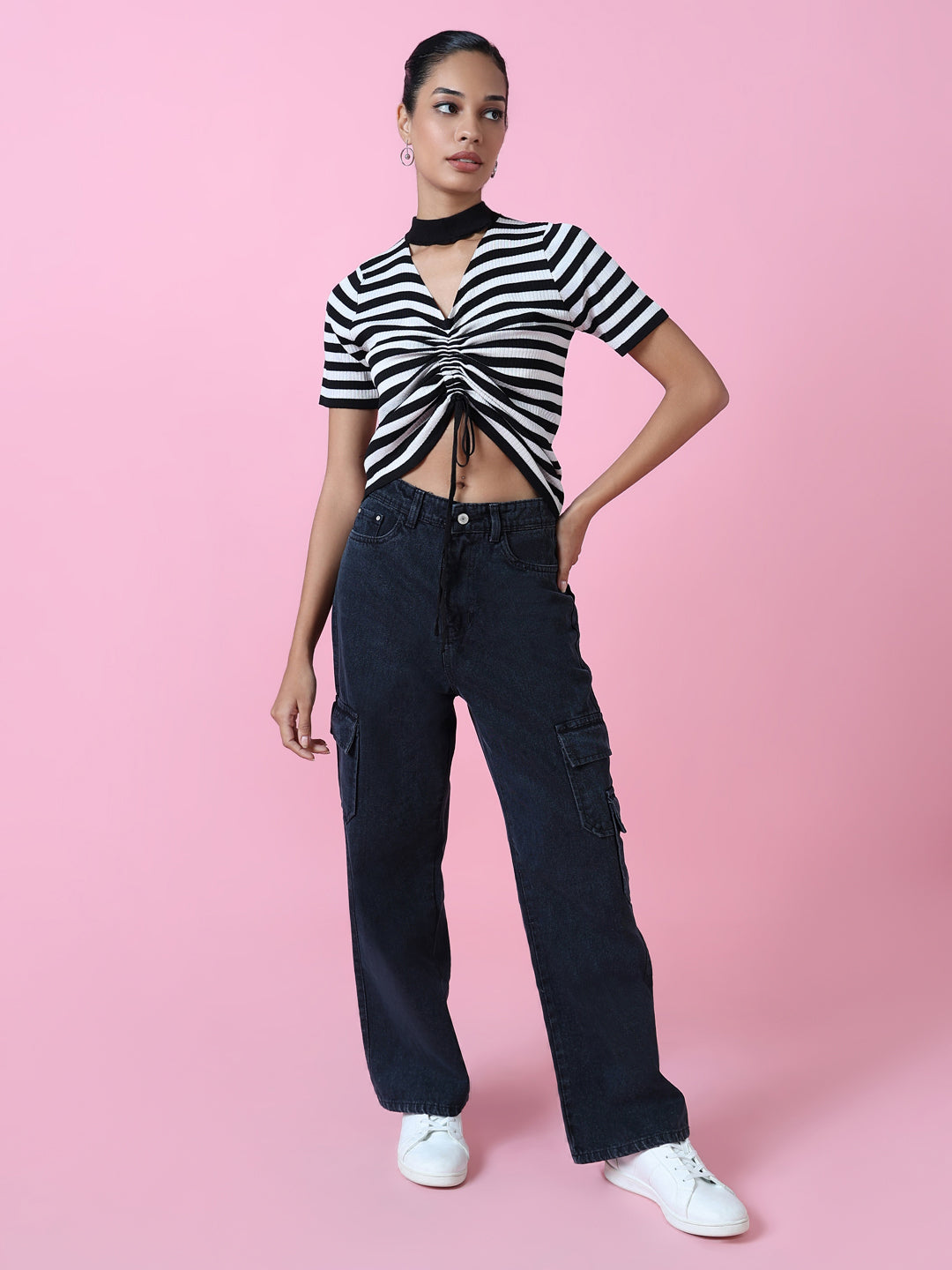 Women Black Striped Ruched Top