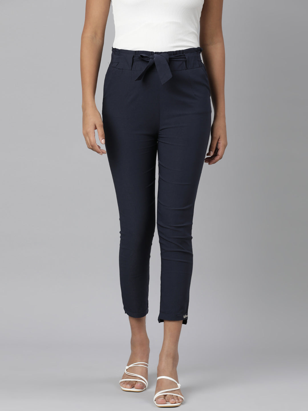 Women Navy Blue Solid Peg Trousers