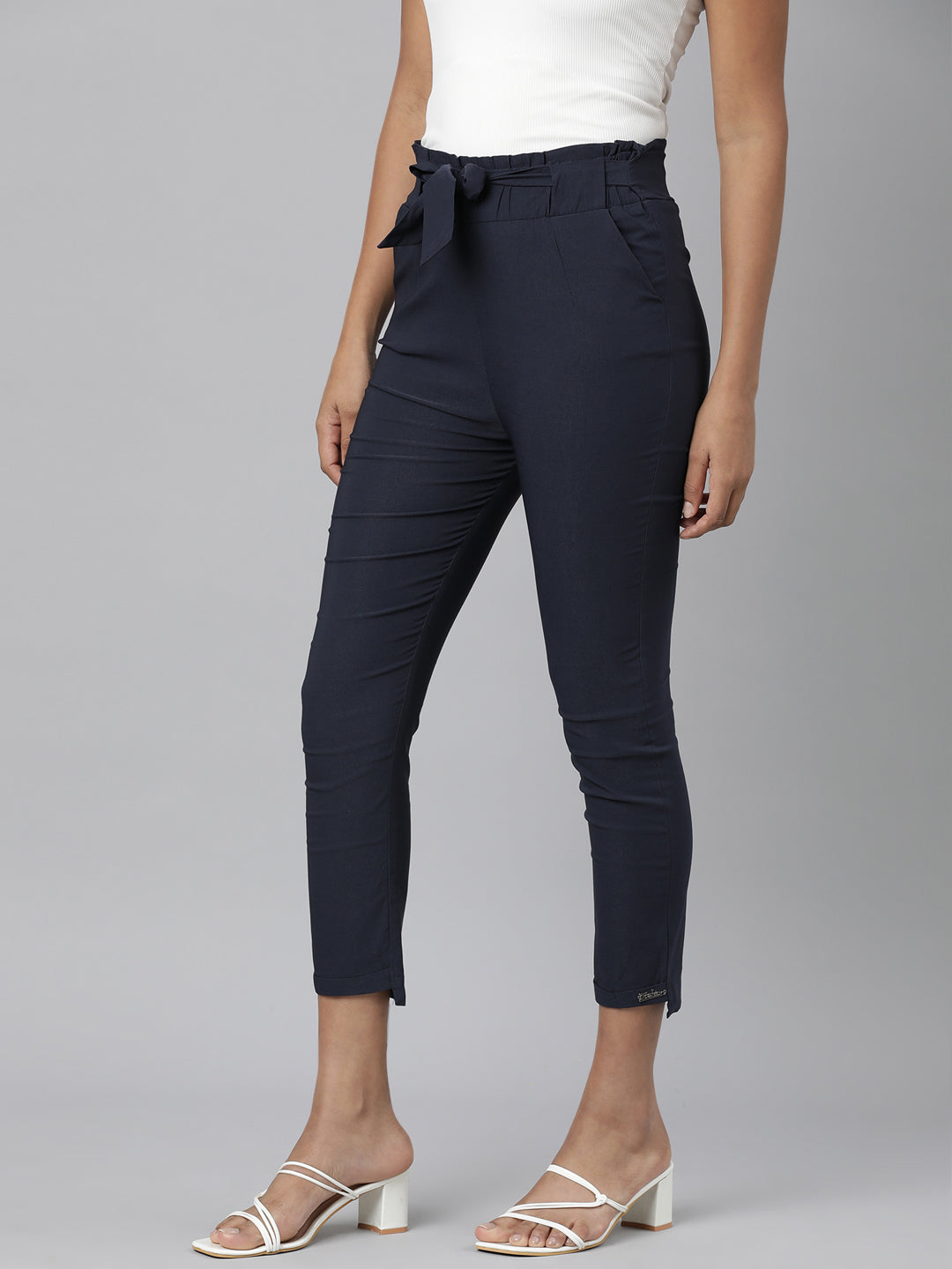 Women Navy Blue Solid Peg Trousers