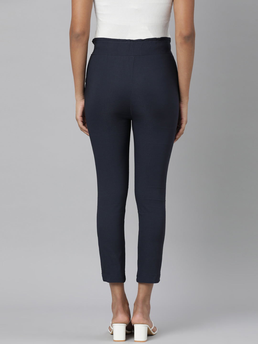 Women Navy Blue Solid Peg Trousers