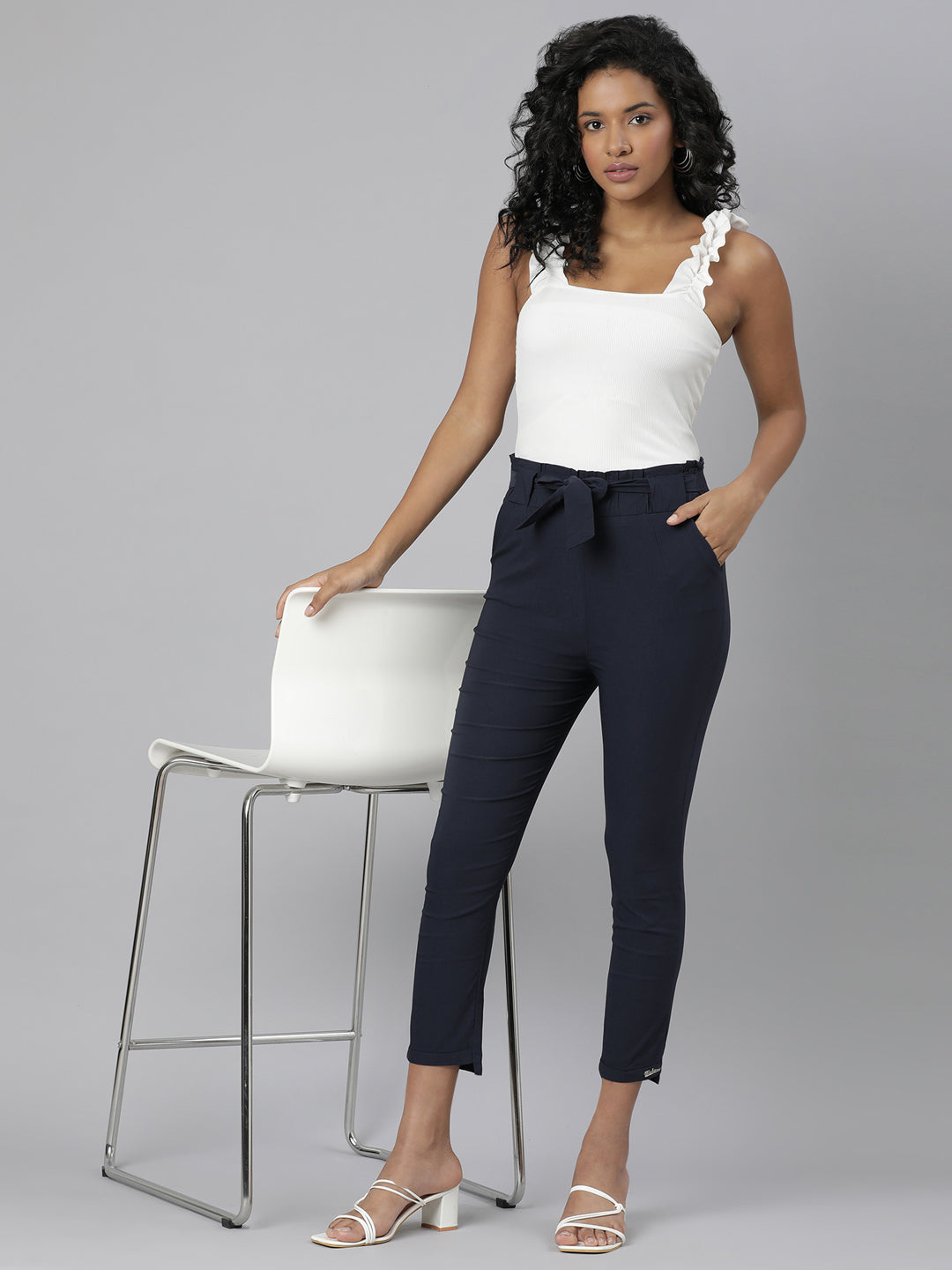 Women Navy Blue Solid Peg Trousers