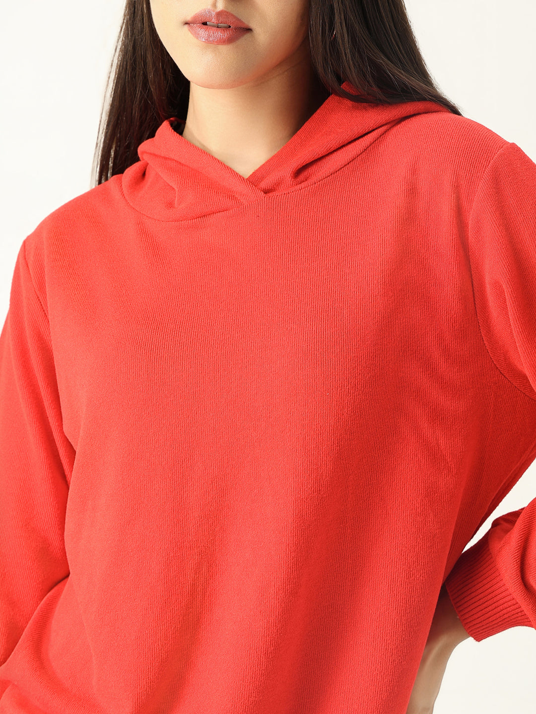 Women Red Solid Hooded Sweatshirt