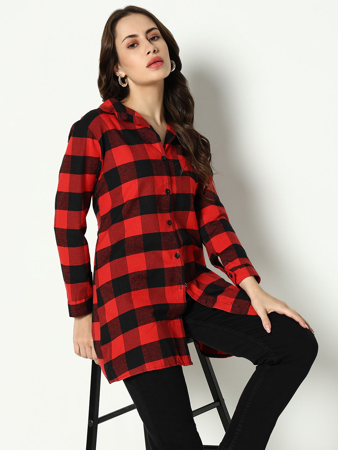 Women's Red Checked Longline Shirt