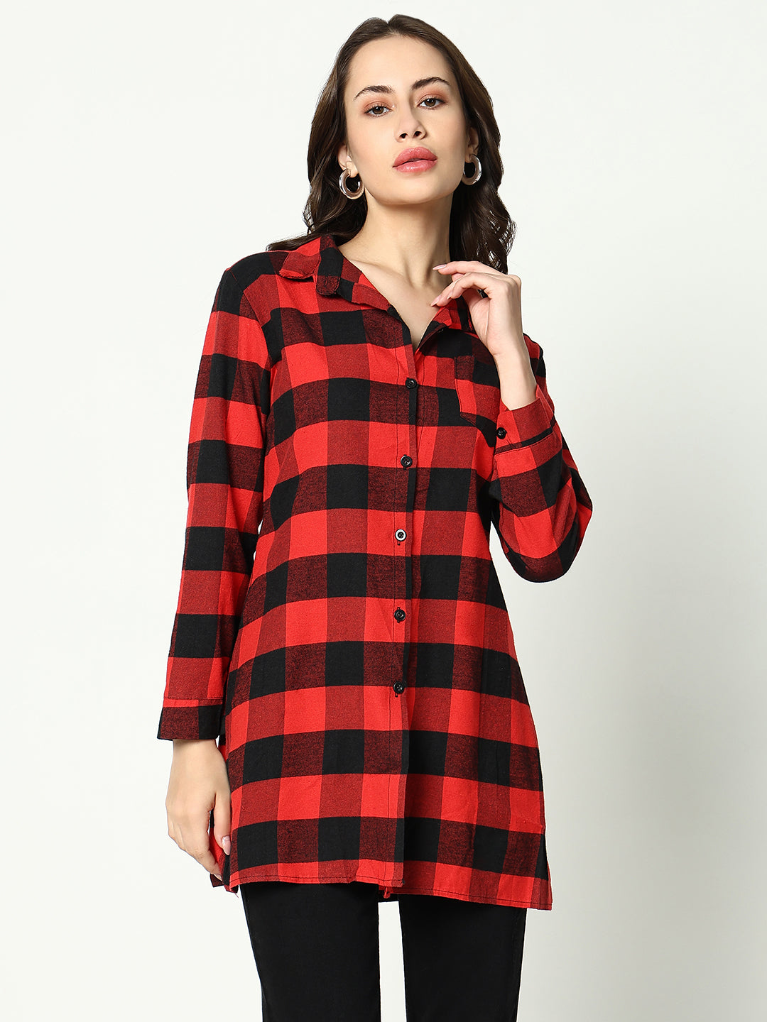 Women's Red Checked Longline Shirt